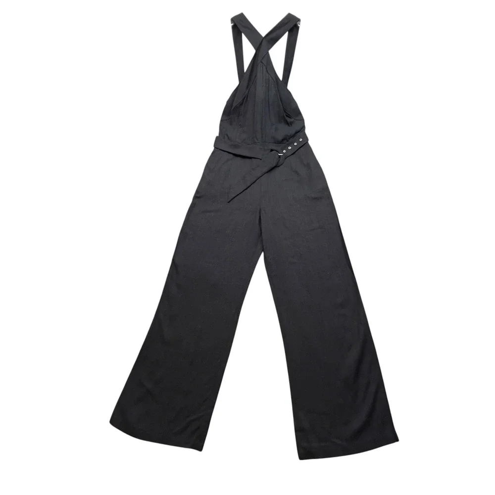 Mango MNG Halter Cross Front Jumpsuit Belted Black Linen Blend Size M Back Zip